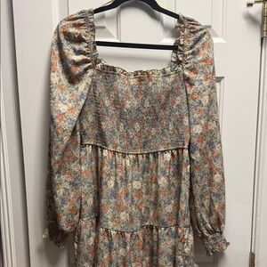 Floral Smocked Square-Neck Maxi Dress in Sage and Coral